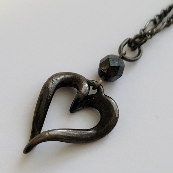 Dark Gun Metal Heart Necklace | Open Heart Pendant w/ 8" Chain - Picture 11 of 13